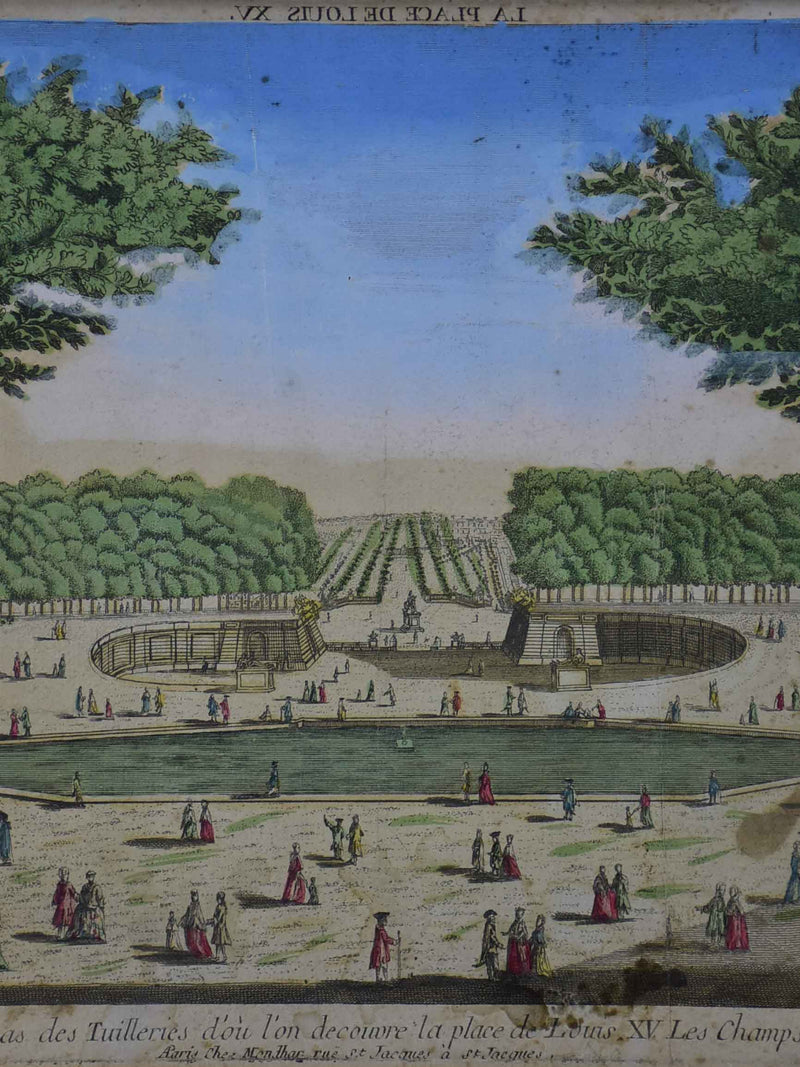 Antique French etching of the Tuileries gardens, Paris 15” x 21”