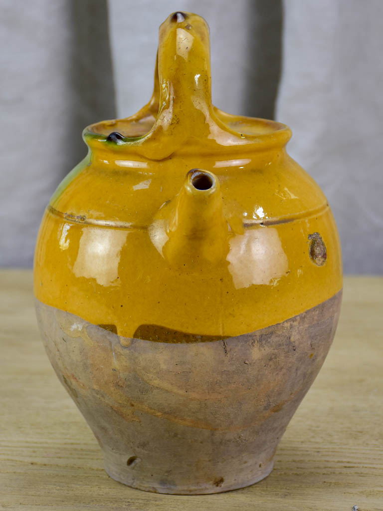 19th Century French water pitcher with yellow and green glaze 10¾"