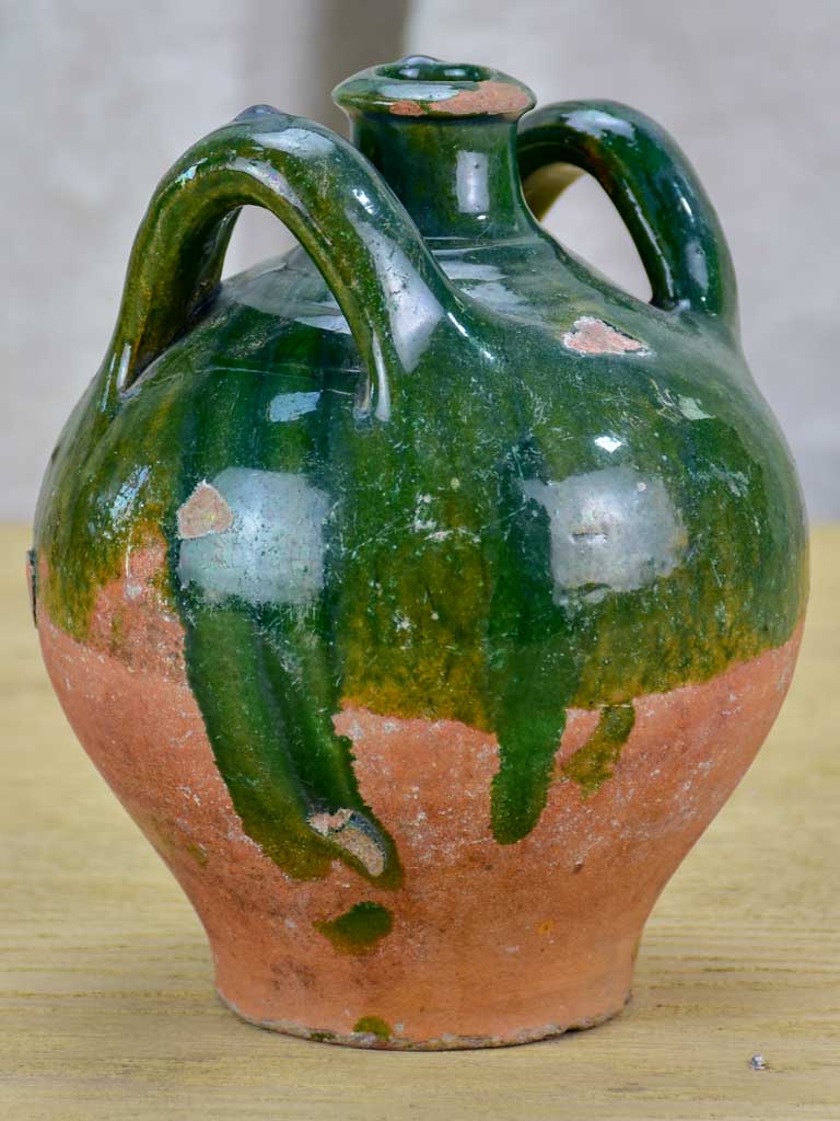 Small 19th Century French water pitcher with green glaze 7"