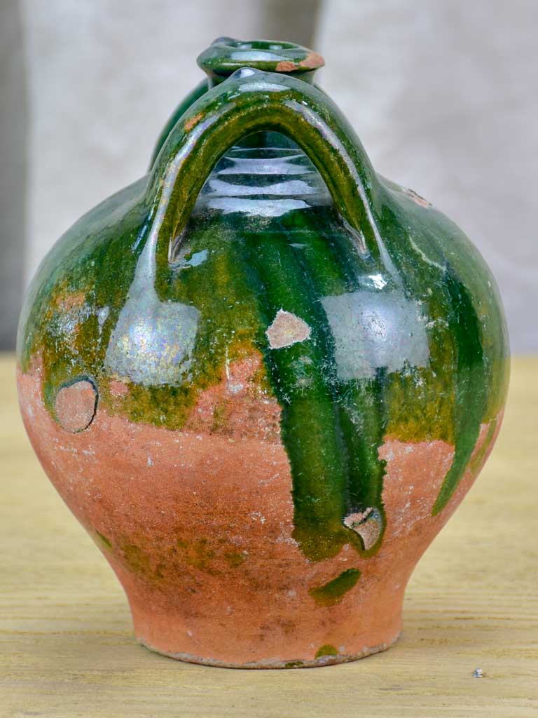 Small 19th Century French water pitcher with green glaze 7"