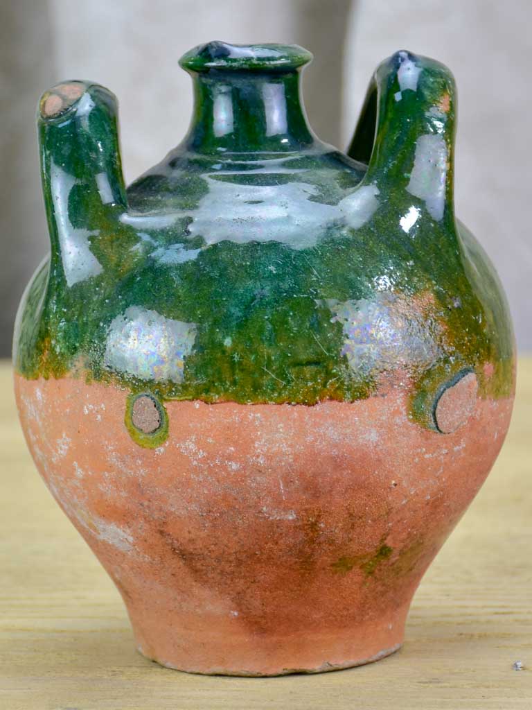 Small 19th Century French water pitcher with green glaze 7"