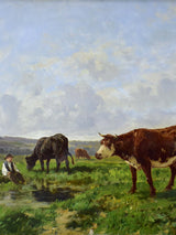 Painting of cows in a field, Ecole de Barbizon, Clement Quinton 34 ¼'' x 29 ½''