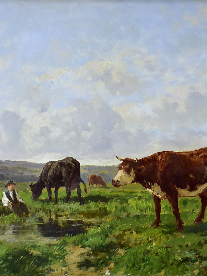 Painting of cows in a field, Ecole de Barbizon, Clement Quinton 34 ¼'' x 29 ½''