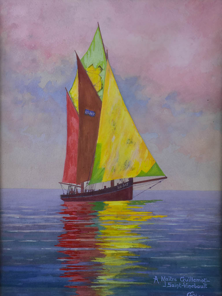Antique French painting of a yacht on the ocean