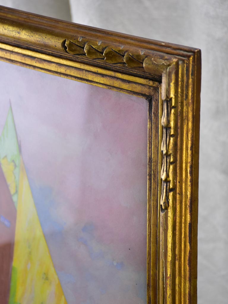 Antique French painting of a yacht on the ocean