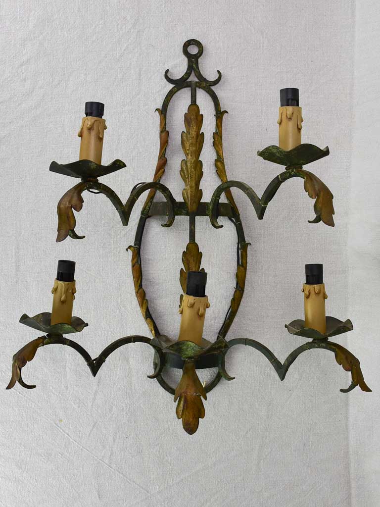 Vintage French Green-Gold Tole Wall Sconce
