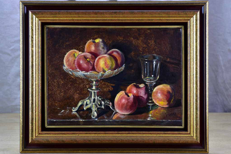 Vintage still life painting of peaches in a bowl, Les pêches 14½ x 18""