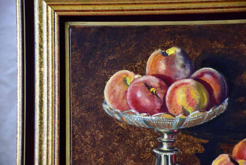 Vintage still life painting of peaches in a bowl, Les pêches 14½ x 18""
