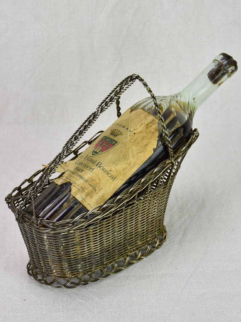 Antique French metal wine bottle carrier