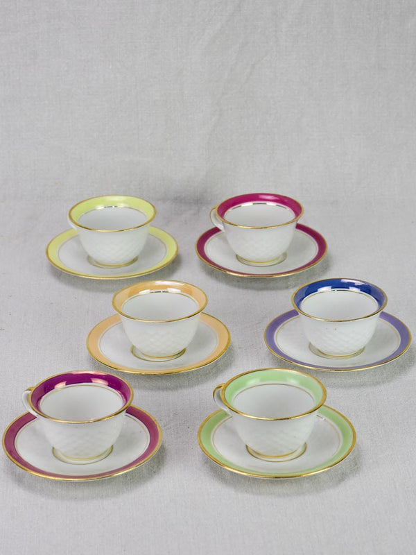 Six multi-color coffee cups and saucers Limoges 1950's