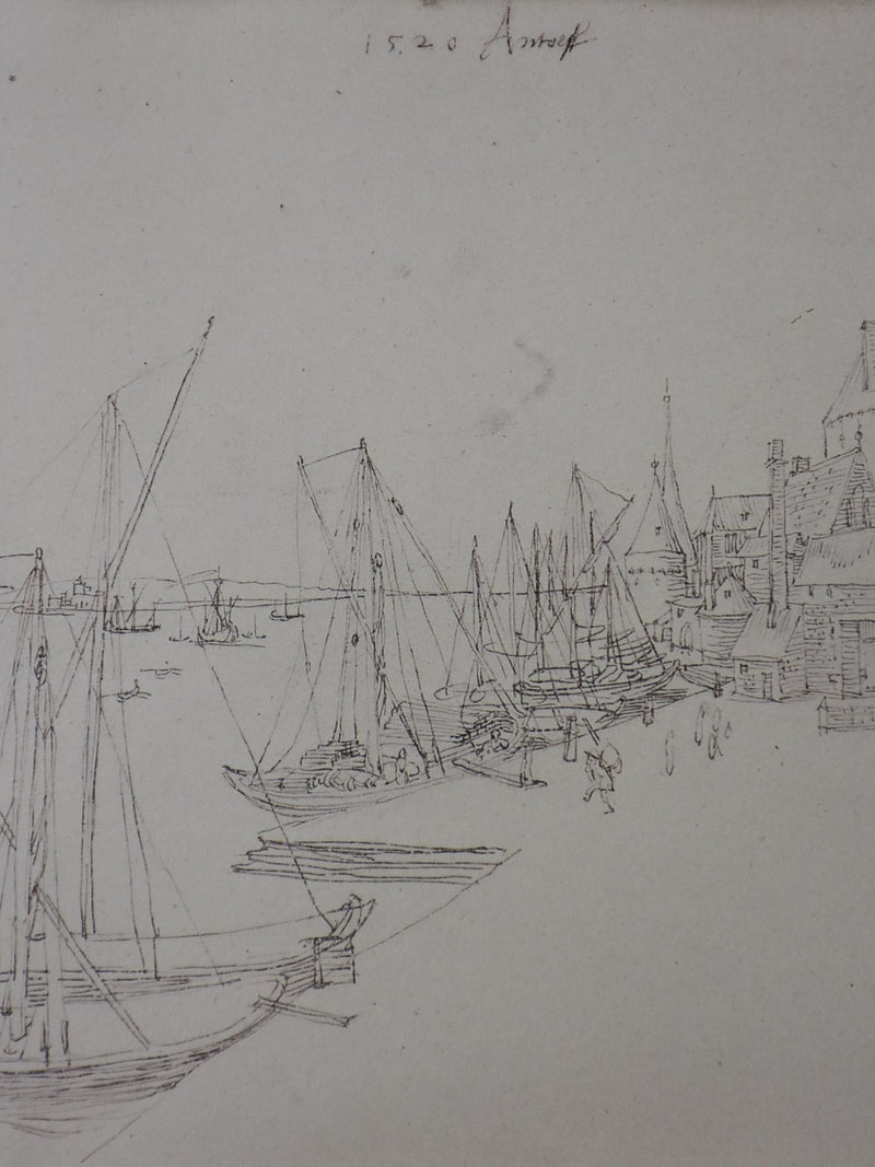Non-dated antique sketch of a harbor side village 13” x 15 ¾''