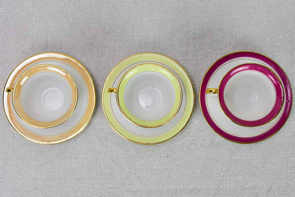Six multi-color coffee cups and saucers Limoges 1950's