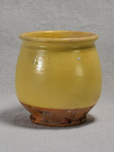 Antique French confit pot with no handles and yellow glaze 5"