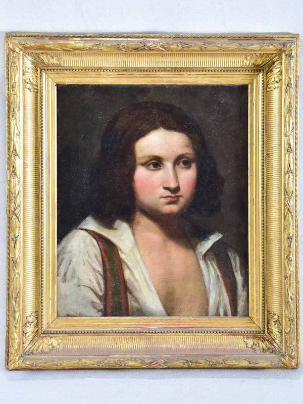Vintage canvas oil portrait, anonymous young man