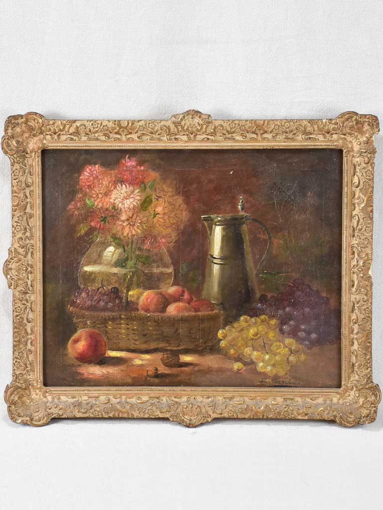 19th century still life with grapes & a bouquet of dahlias 19¾" x  23¼"