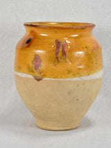 Small antique French confit pot with yellow / orange glaze and two handles 8¼"