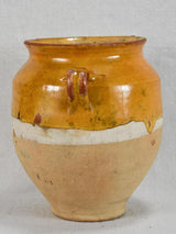 Small antique French confit pot with yellow / orange glaze and two handles 8¼"