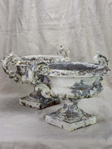 Pair of antique French Medici urns with large handles and white patina