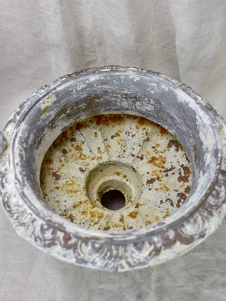 Pair of antique French Medici urns with large handles and white patina