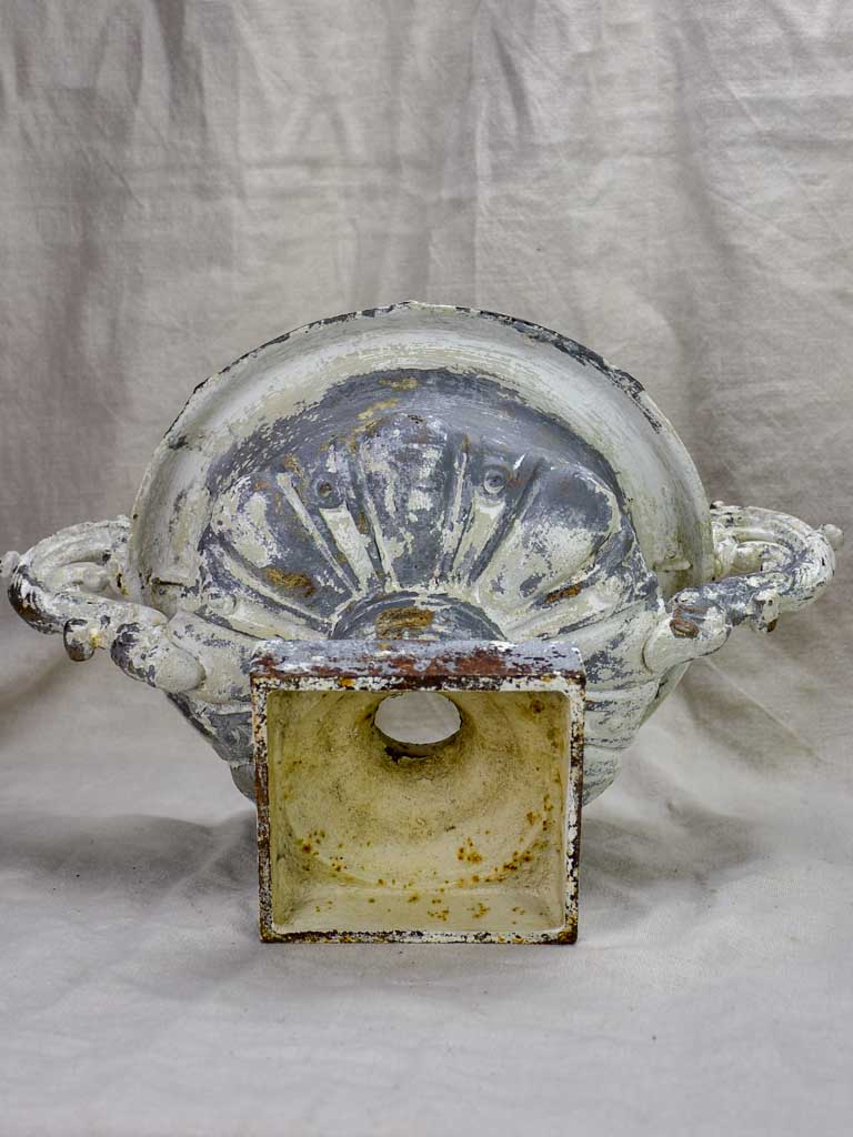 Pair of antique French Medici urns with large handles and white patina