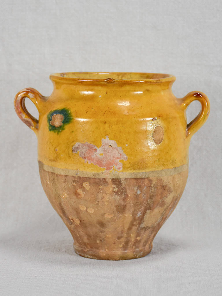 Small antique French confit pot with yellow glaze and green spot 7½"