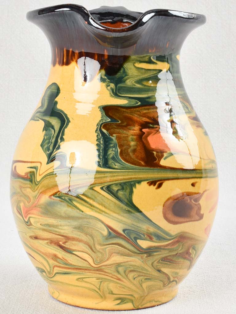 Vintage terracotta pitcher with colorful glaze 8¾"