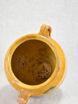 Small antique French confit pot with yellow glaze and green spot 7½"