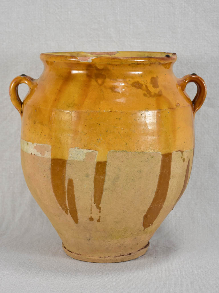 Large antique French confit pot with warm yellow glaze 10¼"