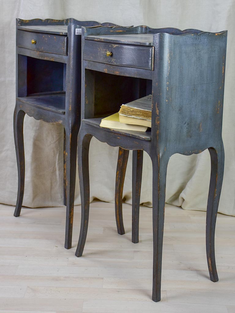 Pair of Louis XV style 1950's French nightstands with teal blue paint finish