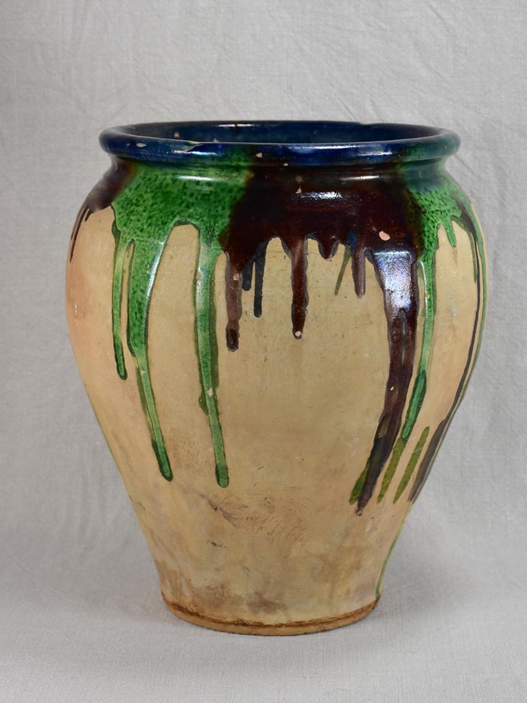 Large antique French pot with blue, brown and green glaze 14½"