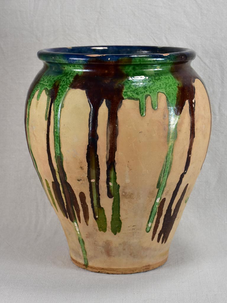 Large antique French pot with blue, brown and green glaze 14½"
