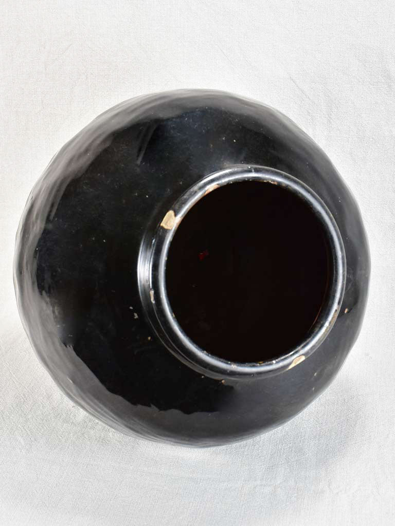 Large decorative antique pot with black glaze and ribbed base 14½"