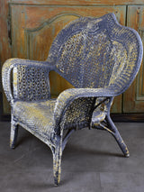 Antique French rattan armchair with blue patina
