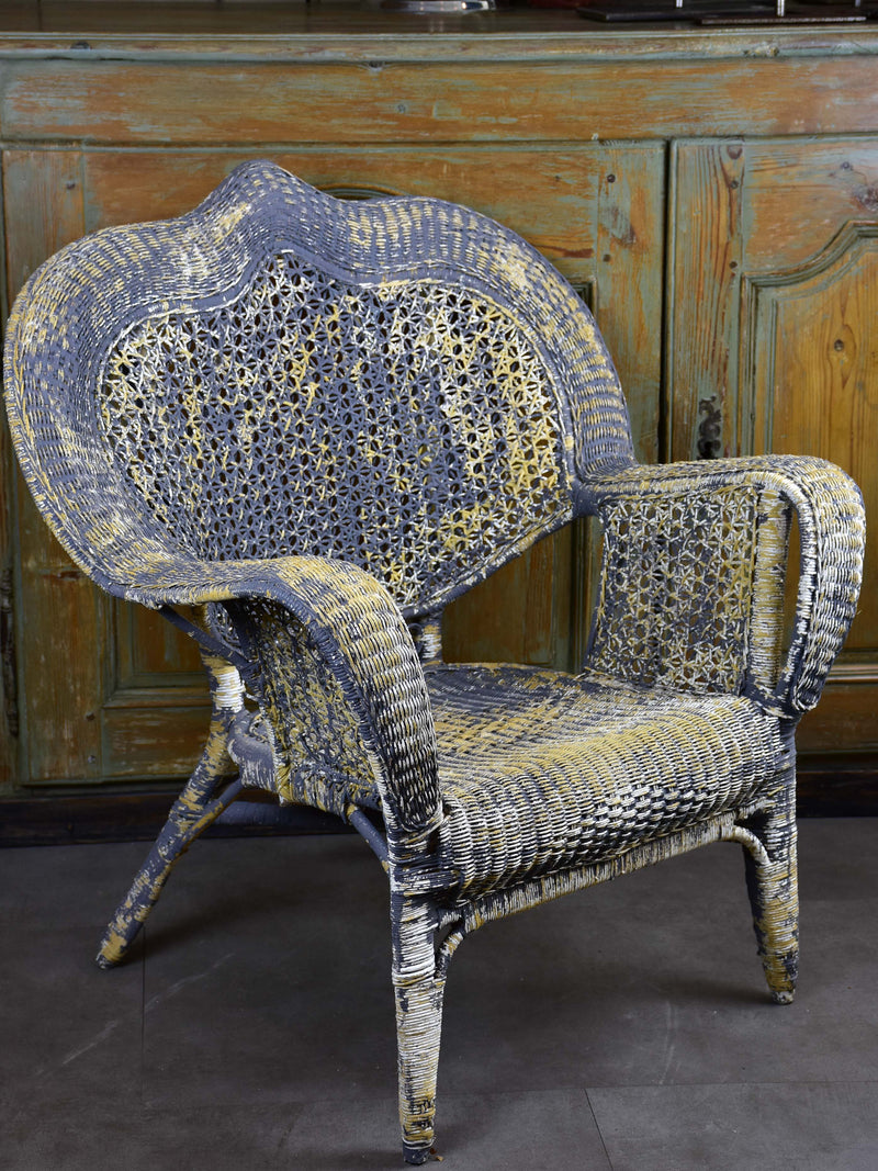Antique French rattan armchair with blue patina