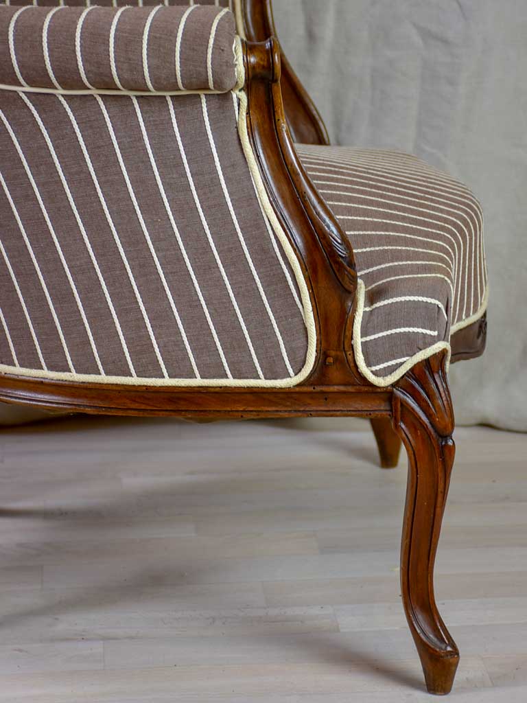 Pair of antique French bergere Napoleon III armchairs with striped brown fabric