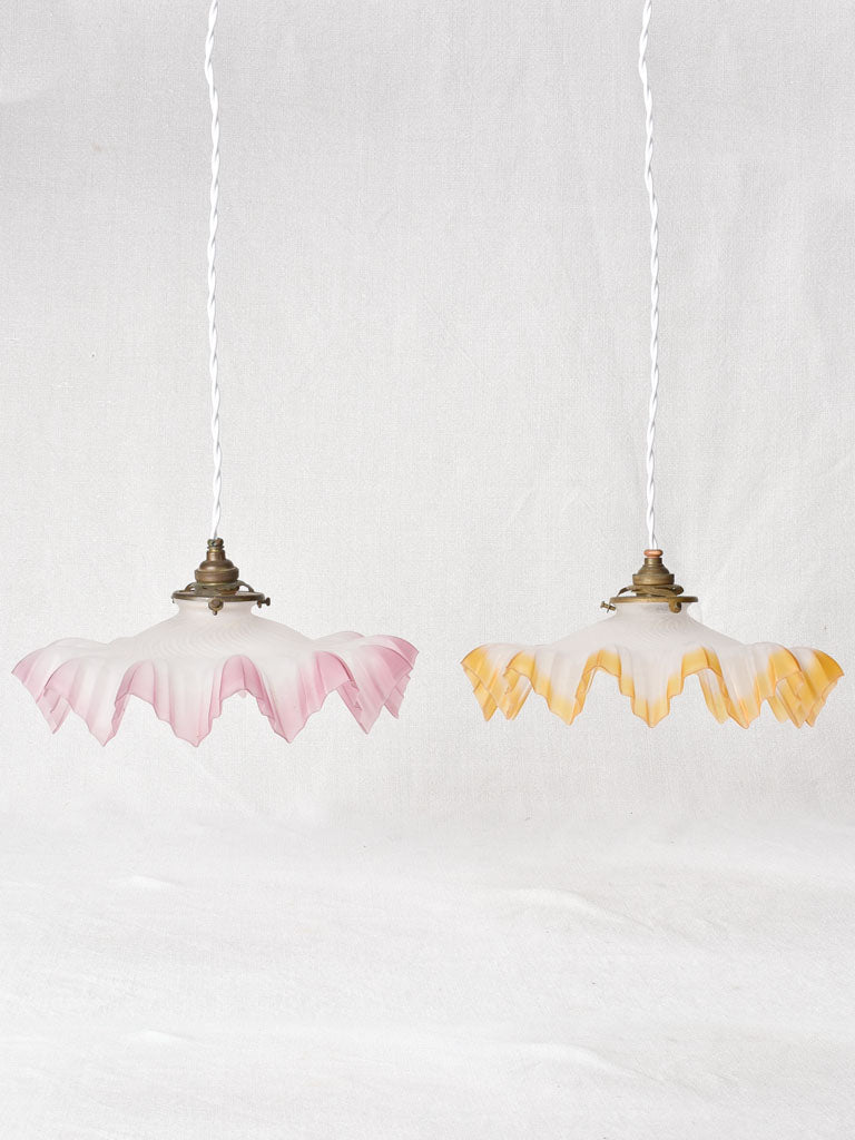 Pink and orange glass pendant light fittings - 1930s -11"