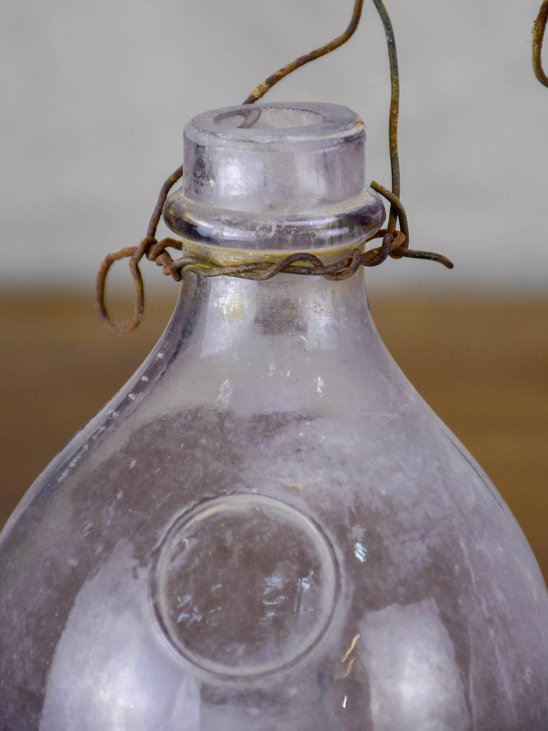 Three antique French flytrap bottles purple tinge Chez Pluie