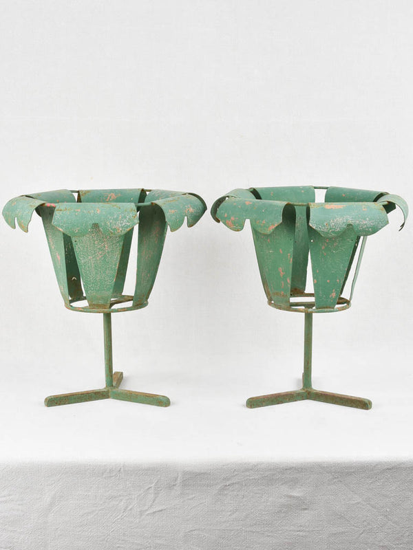 Pair vintage of metal plant stands with green patina 18"