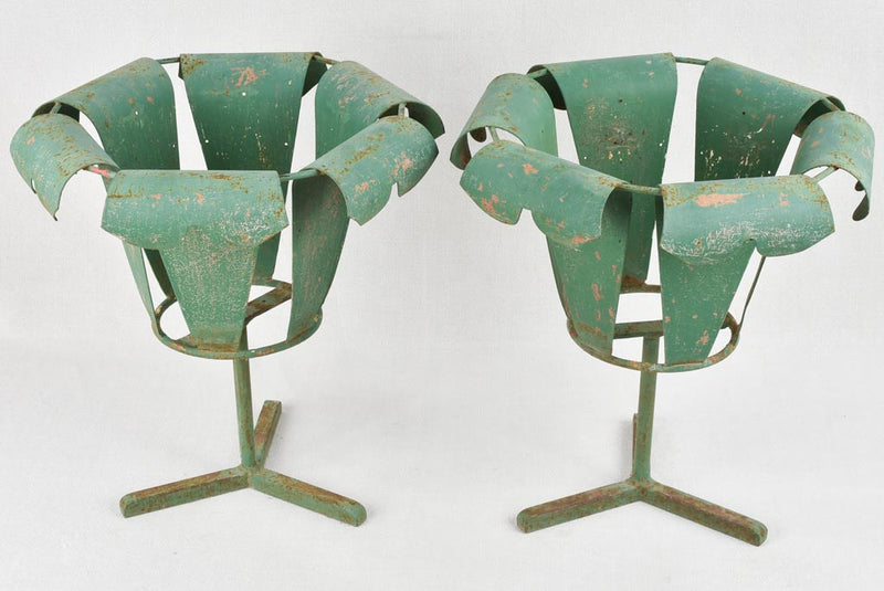 Pair vintage of metal plant stands with green patina 18"