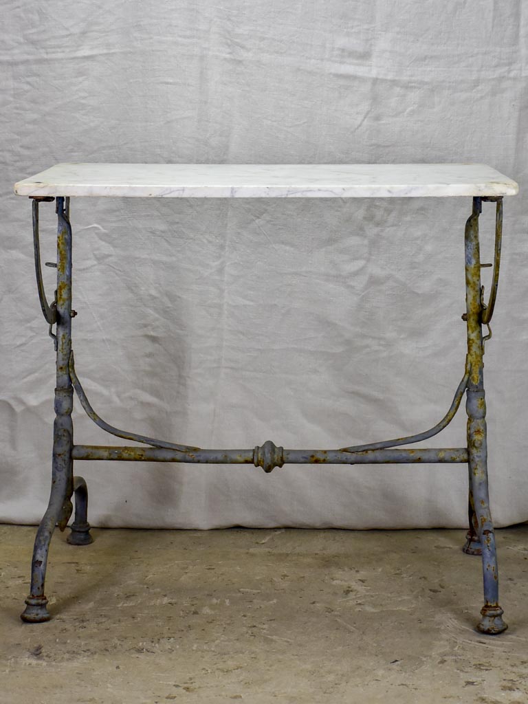 Small 19th Century rectangular garden table with marble top and blue iron base 22¾" x  32¼"