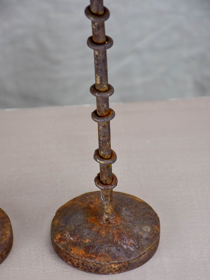 Two rustic glass and iron candlesticks - artisan made