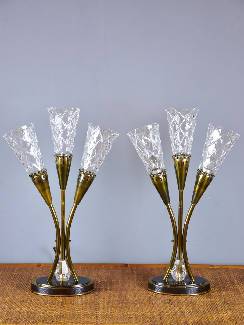 Pair of mid century table lamps with Sevre crystal flutes