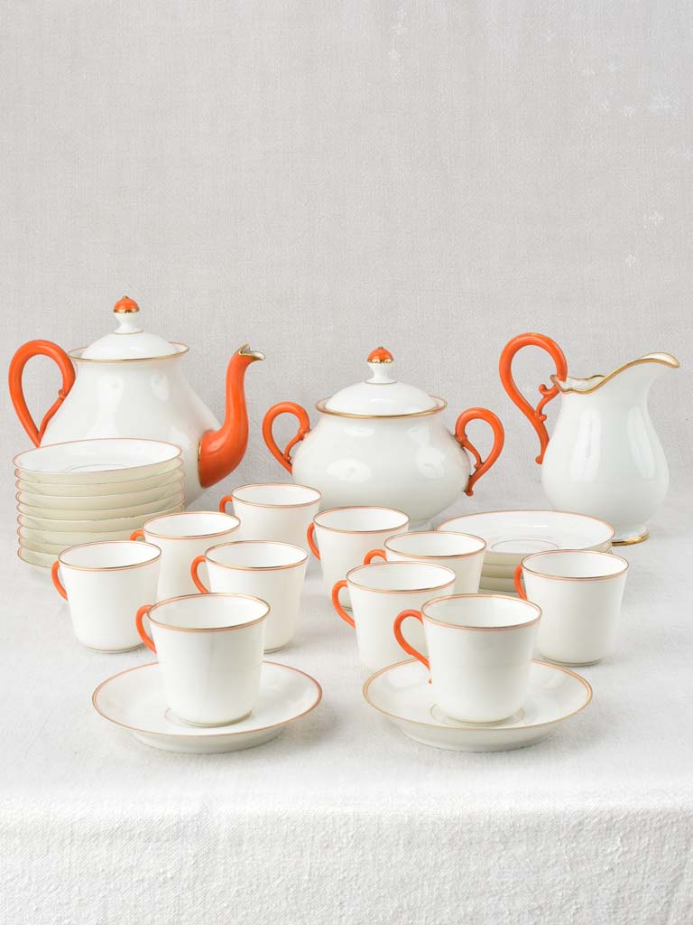 Exquisite fine porcelain tea service w/ coral orange handles - JPL - Jean Pouyat, Limoges