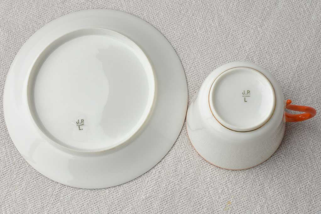 Exquisite fine porcelain tea service w/ coral orange handles - JPL - Jean Pouyat, Limoges