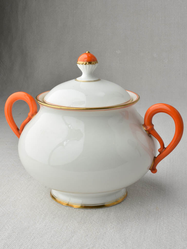 Exquisite fine porcelain tea service w/ coral orange handles - JPL - Jean Pouyat, Limoges
