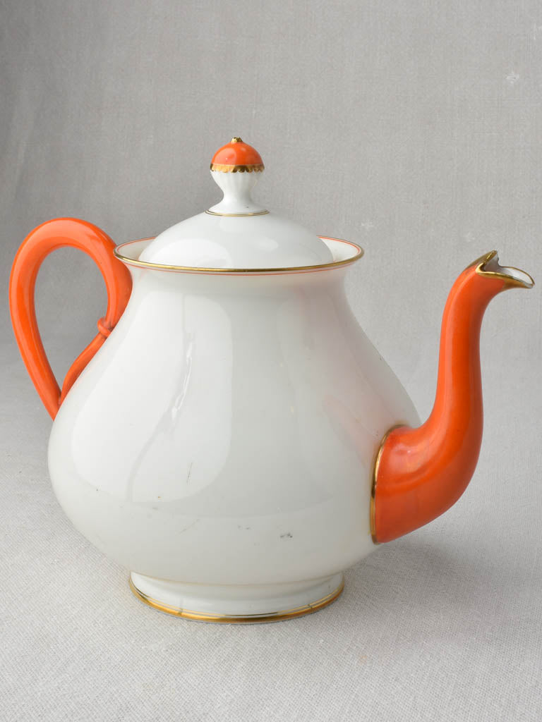 Exquisite fine porcelain tea service w/ coral orange handles - JPL - Jean Pouyat, Limoges