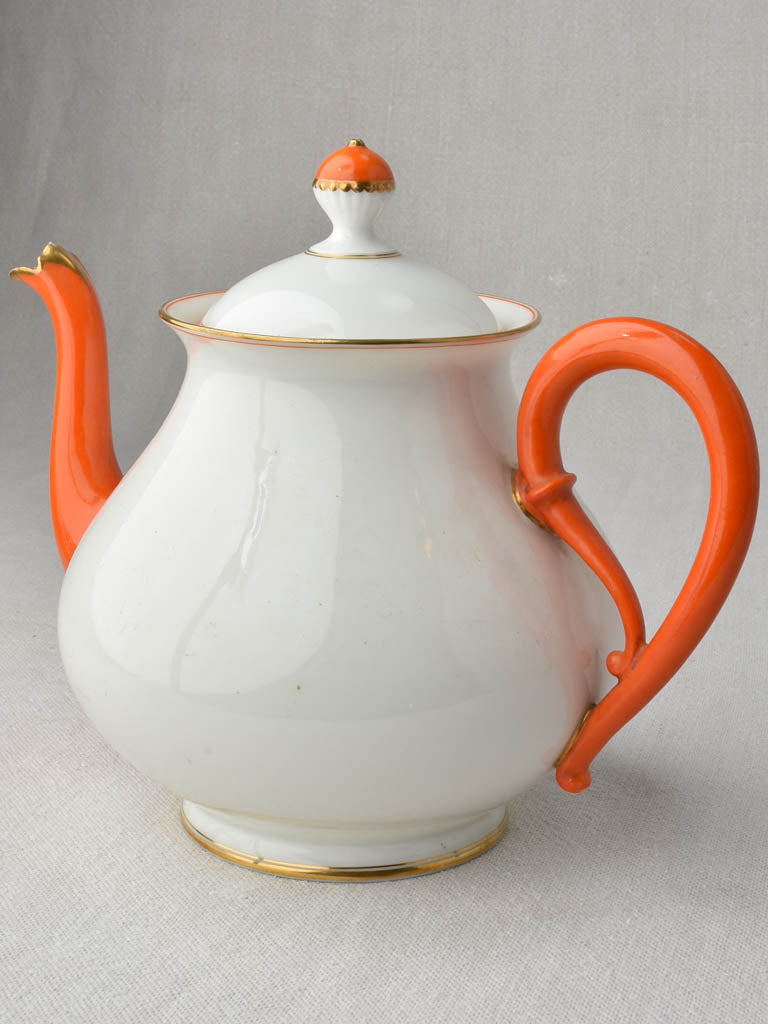 Exquisite fine porcelain tea service w/ coral orange handles - JPL - Jean Pouyat, Limoges