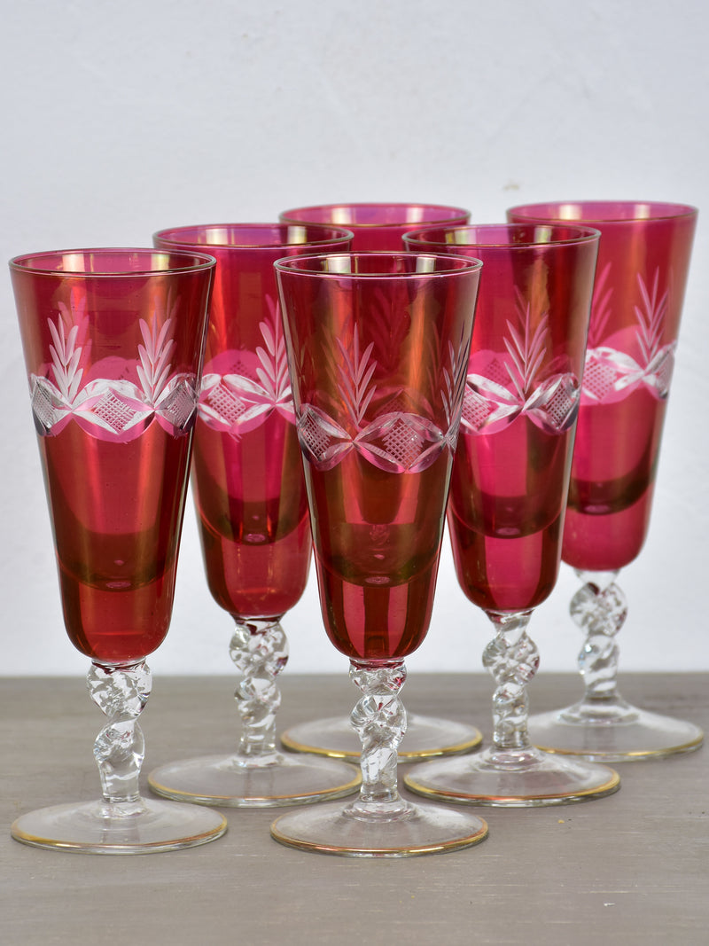 Six antique French champagne glasses with red etched glass