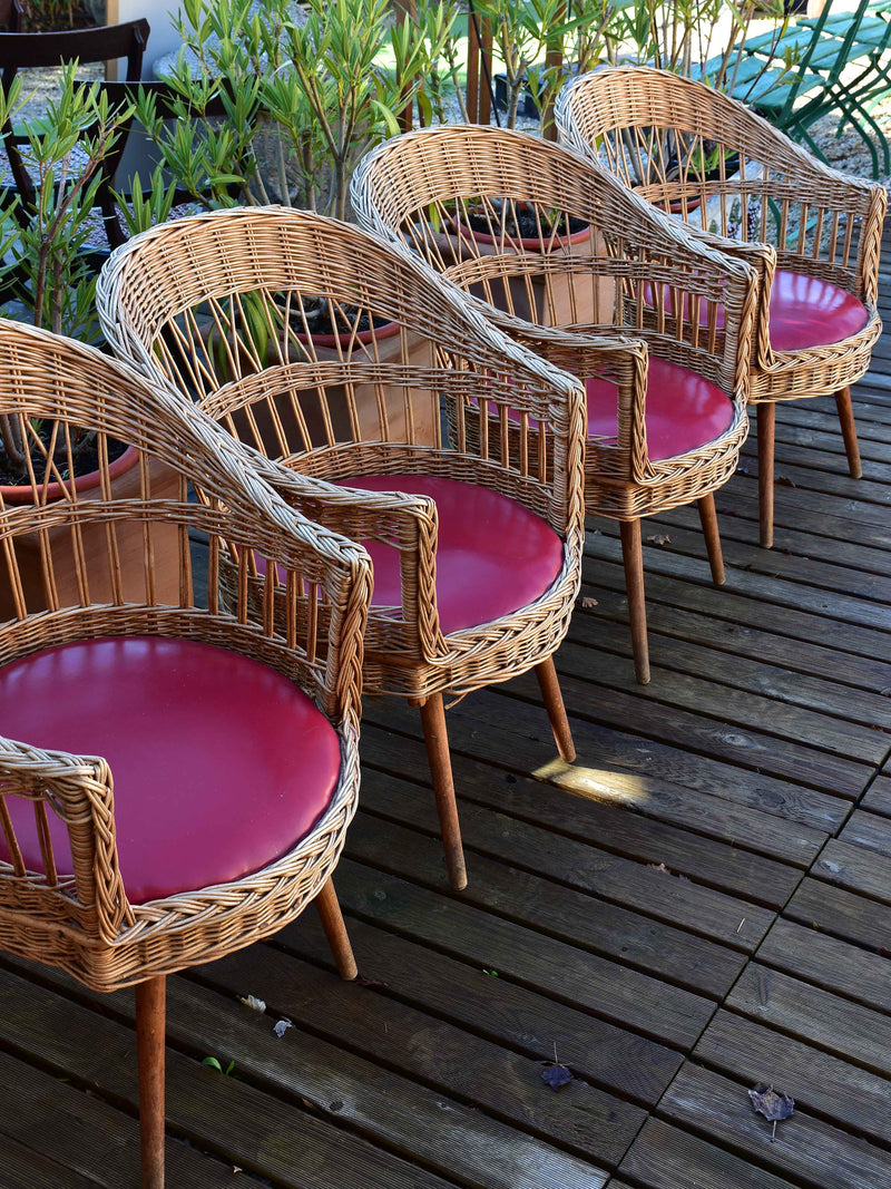 Four vintage French rattan armchairs