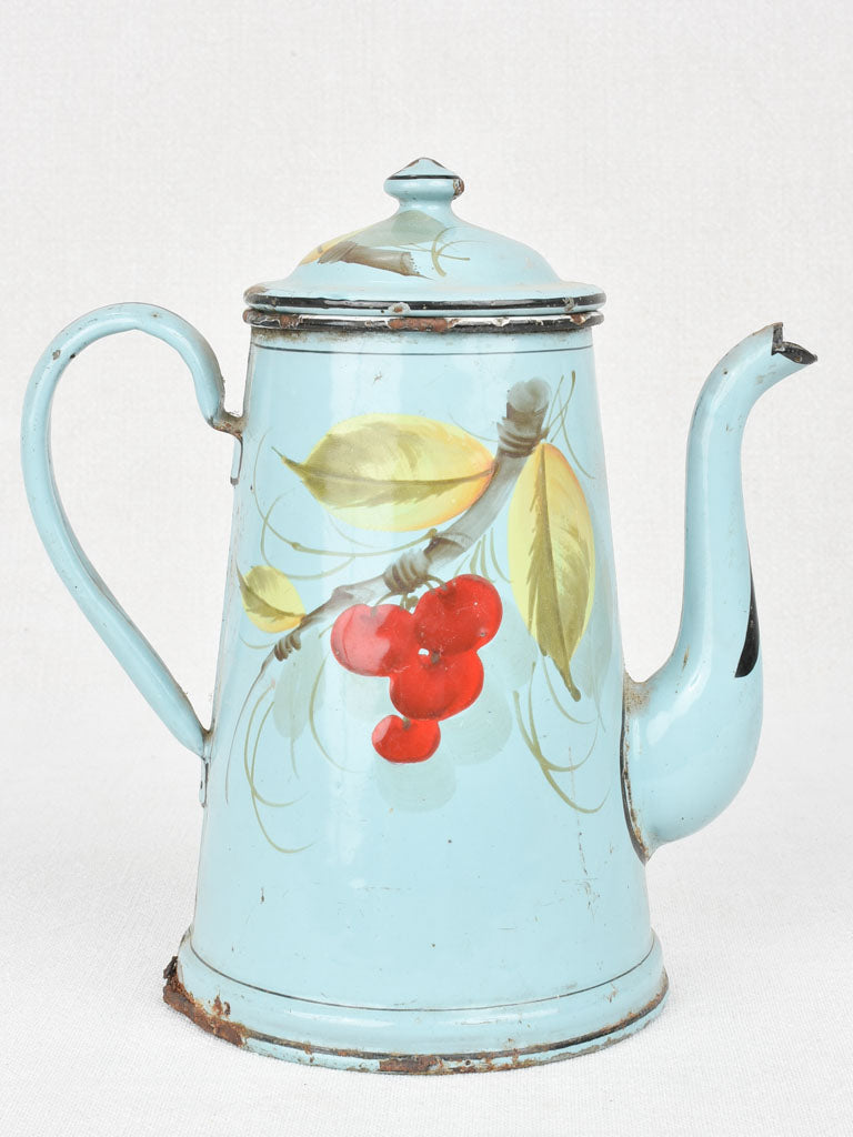 Enamel coffee pot with painted cherries 9½"